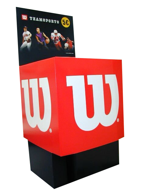 Wilson-Schüttendisplay aus kaschierter Wellpappe mit Topschild