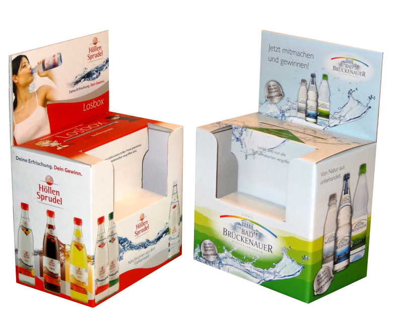 Gewinnspiel-Teilnahmeboxen für Mineralwasser Kombi-Teilnahmeboxen Mineralwasser - Einwurfboxen mit Entnahmefach und Einwurfschlitz